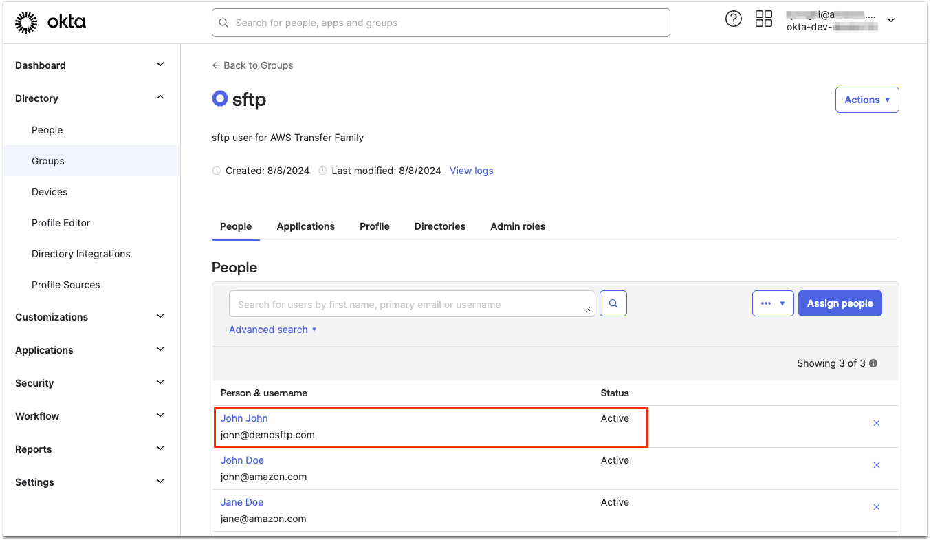 Figure 4: Adding a user to sftp group in Okta admin console
