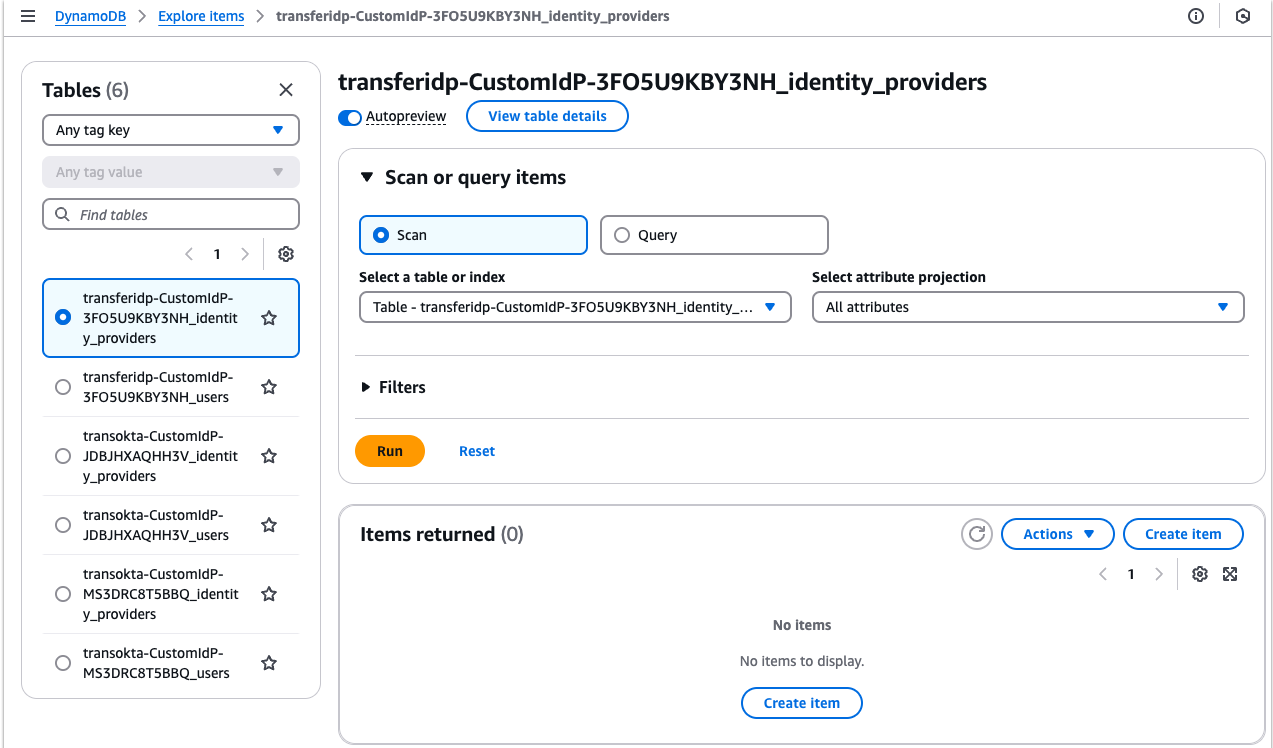 Figure 8: DynamoDB table for the custom IdP