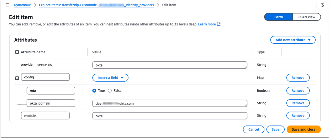 Figure 9: Creating the IdP record in DynamoDB