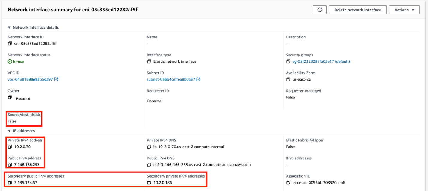 A screenshot of the network summary page of an EC2 instance with the private and public IP addresses highlighted