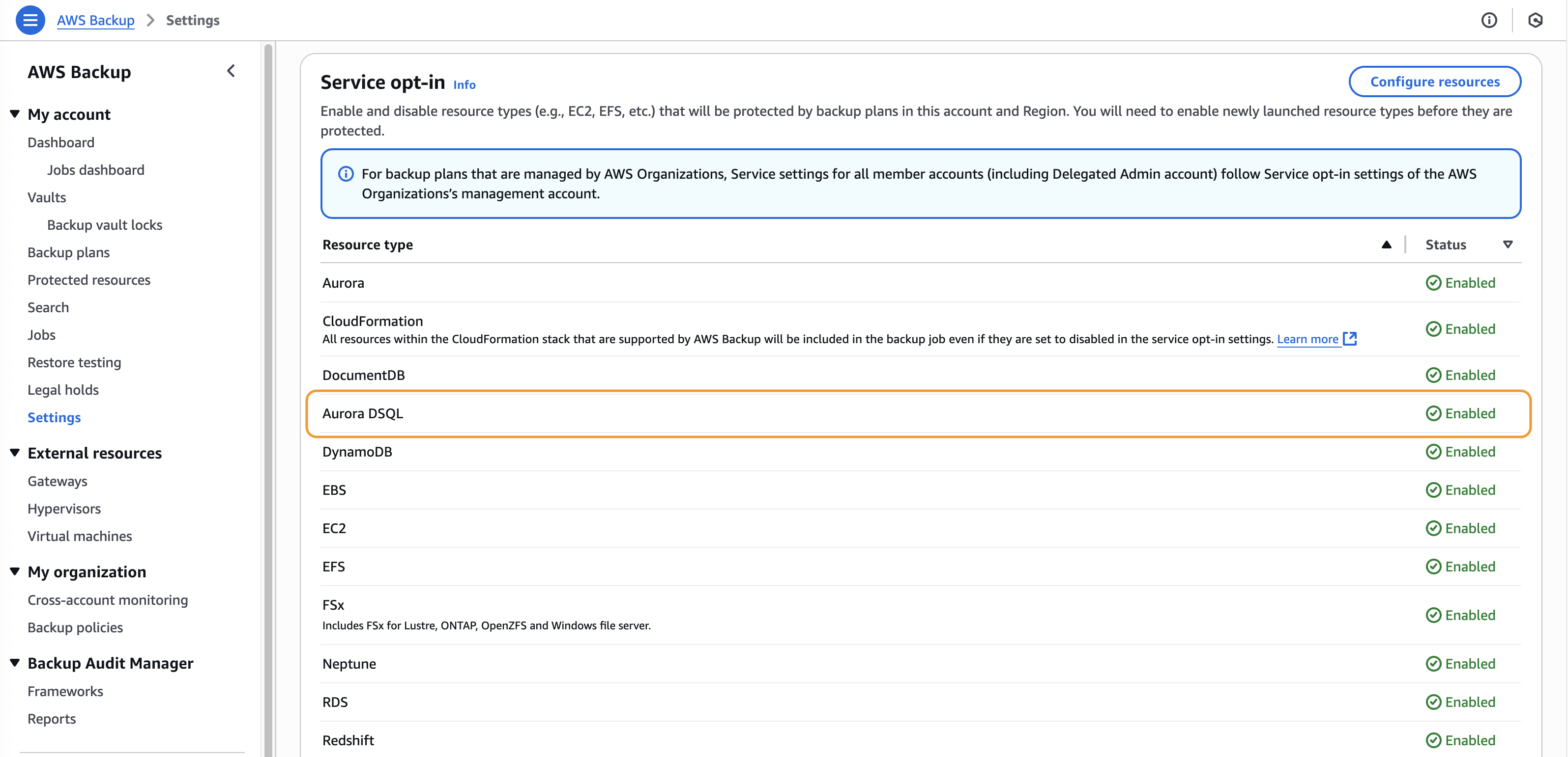 Opt-in to backing up Aurora DSQL service from account settings