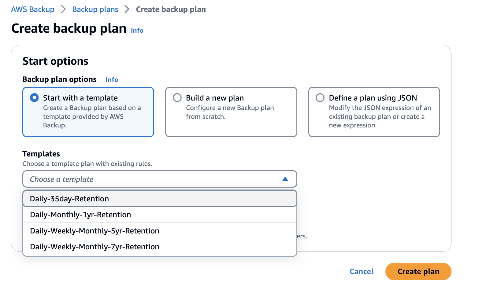 Landing page for Create backup plan workflow