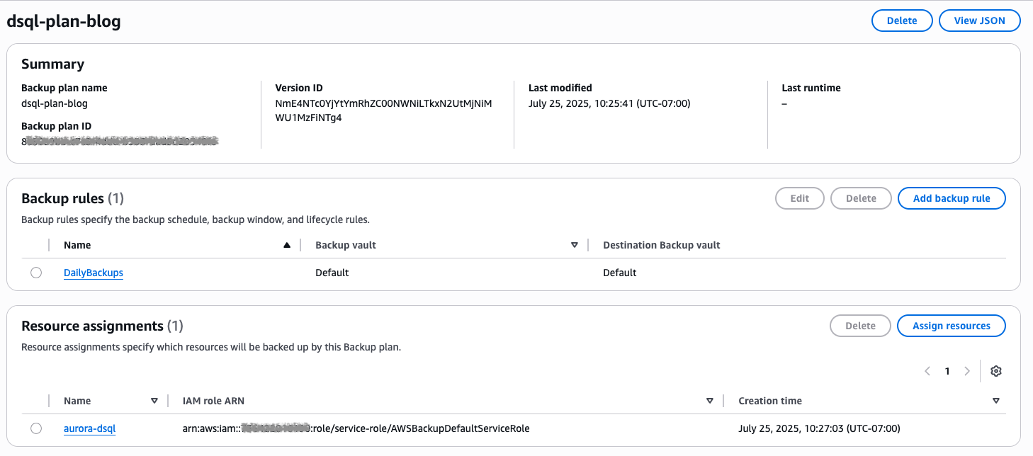 Summary of backup plan with Backup rules and Resource assignments&nbsp;