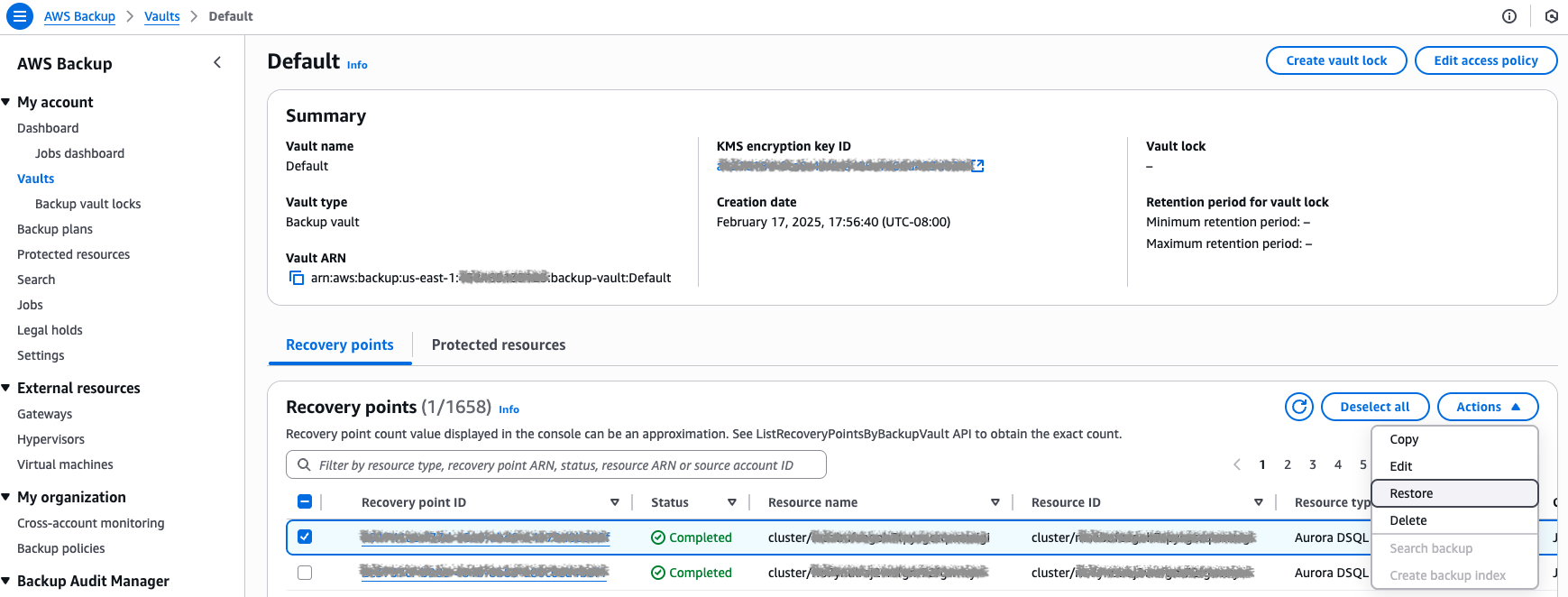Choose the recovery point to restore