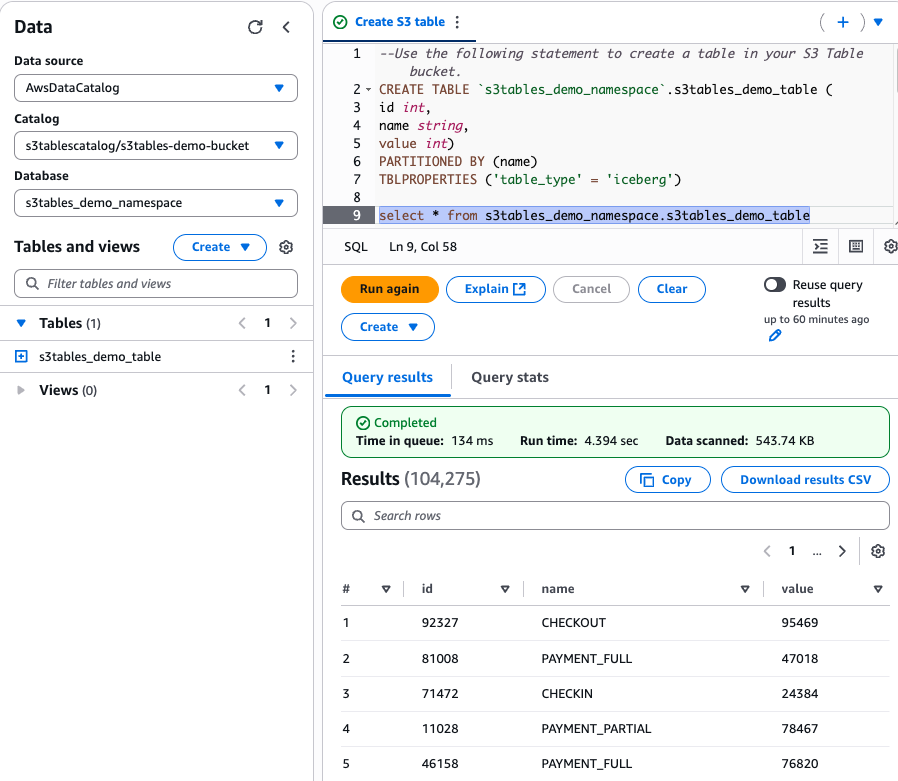 S3 Tables Athena Select