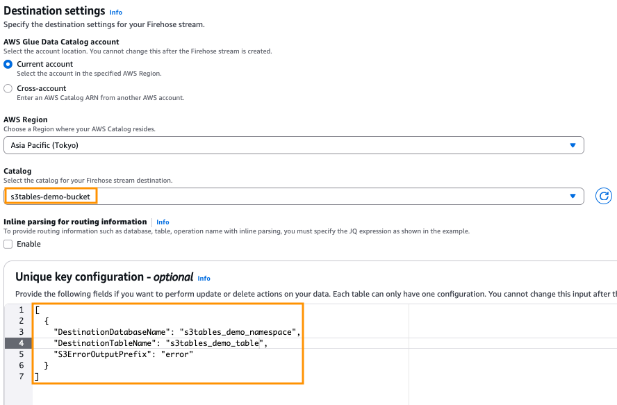 Destination settings for your Firehose stream