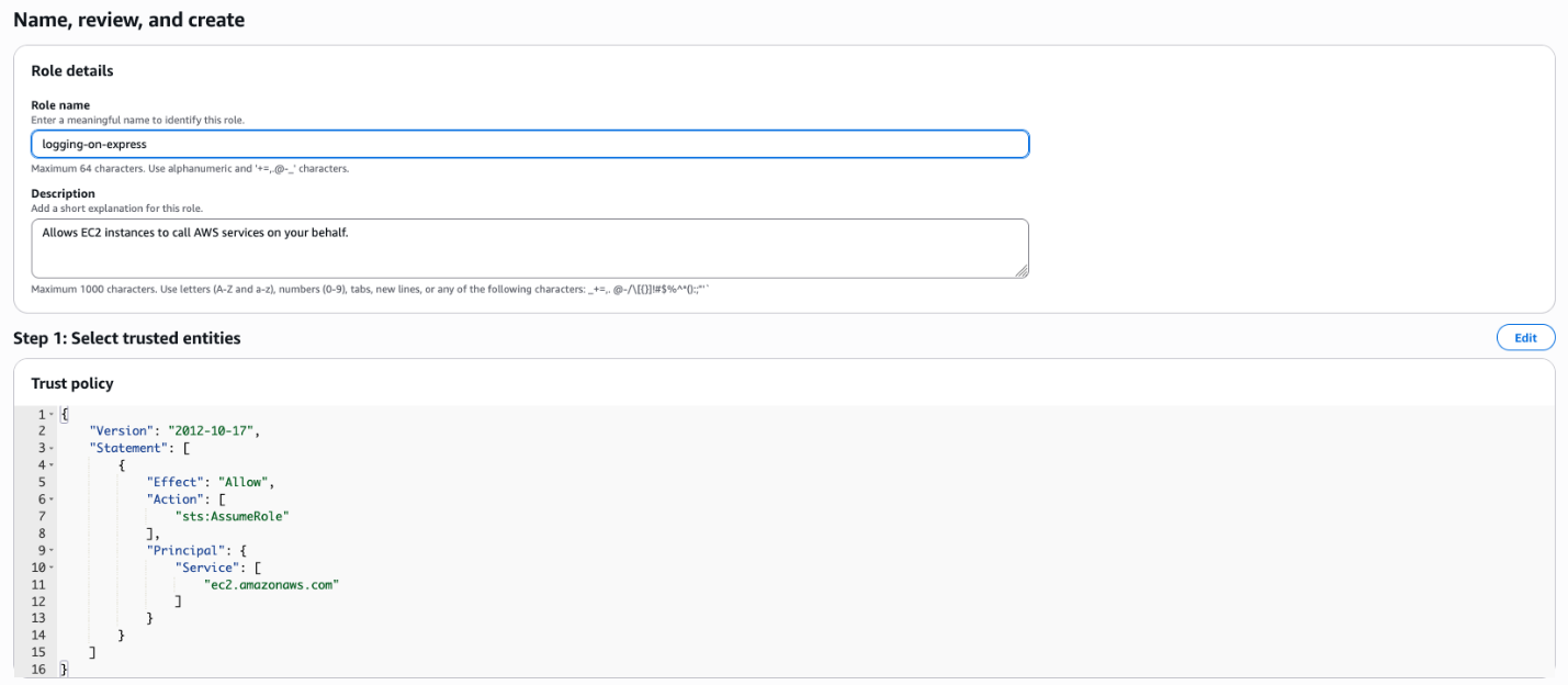 IAM role creation interface with a name and EC2 service permission description.