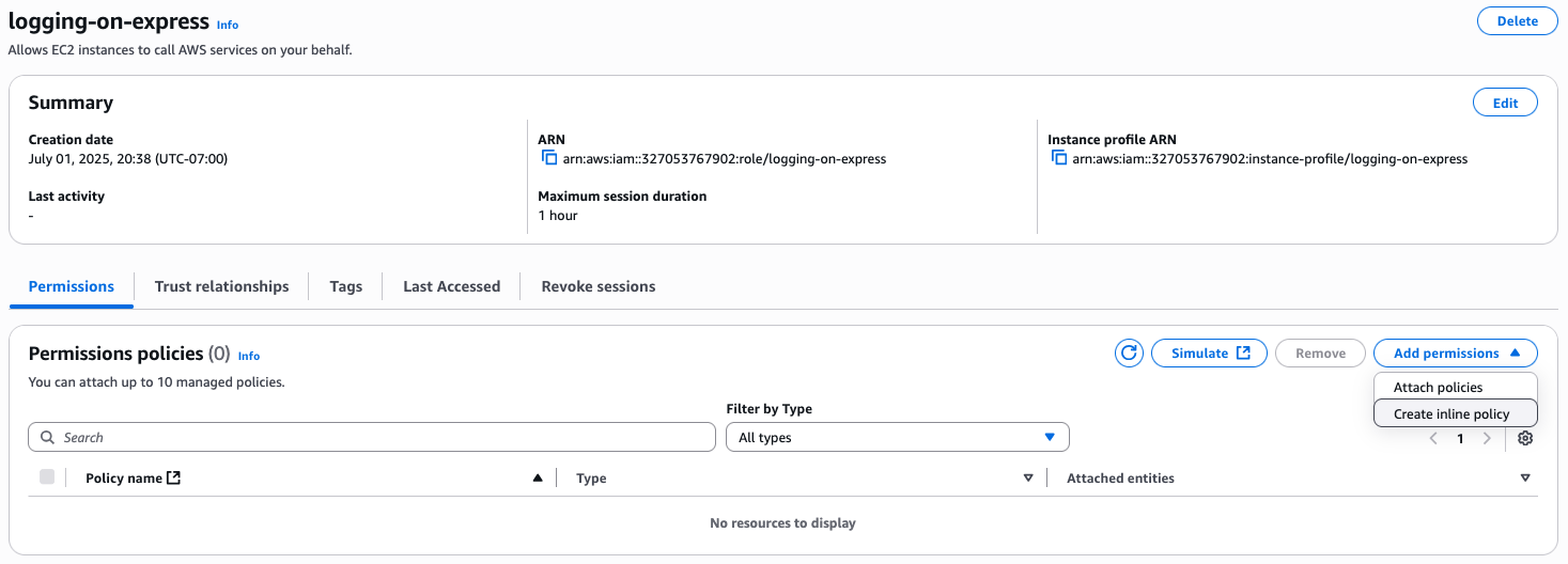 IAM role summary displaying ARN, creation date, and session duration where you click 'Create inline policy'.
