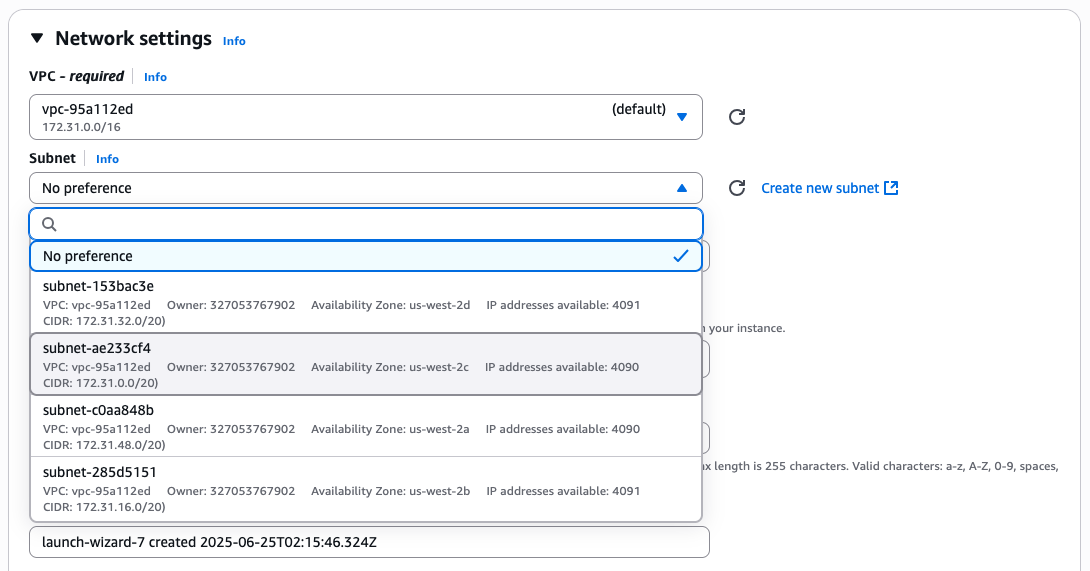 VPC and subnet selection interface with multiple options.