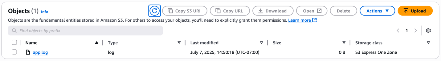 Amazon S3 console showing one 0B app.log file in S3 Express One Zone