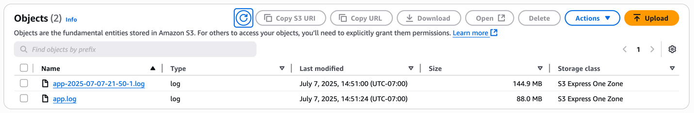 Amazon S3 console displaying two log files: a 144.9 MB dated file illustrating it was rotated, and a 88.0 MB app.log in S3 Express One Zone