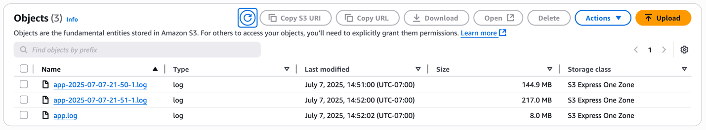 Amazon S3 console displaying three log files: two dated files (144.9 MB, 217.0 MB) illustrating they were rotated, and a 8.0 MB app.log in S3 Express One Zone