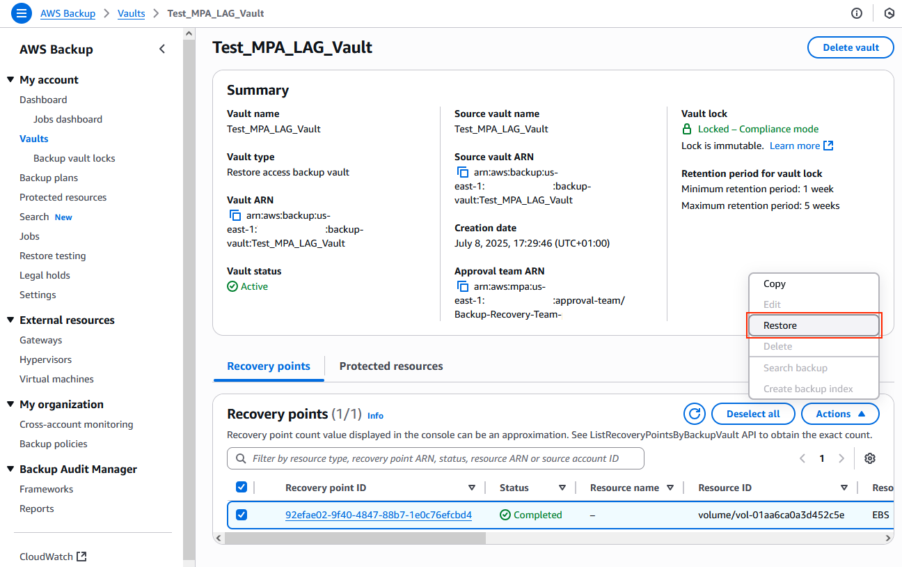 Figure 12- Recovery points to restore or copy from the logically air-gapped vault