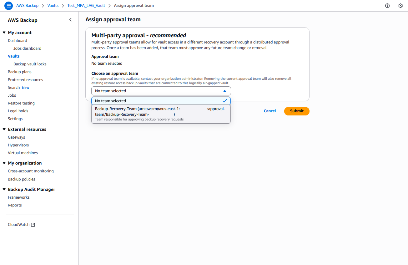 Figure 17- Form to assign approval team to logically air-gapped vault that you want to recover