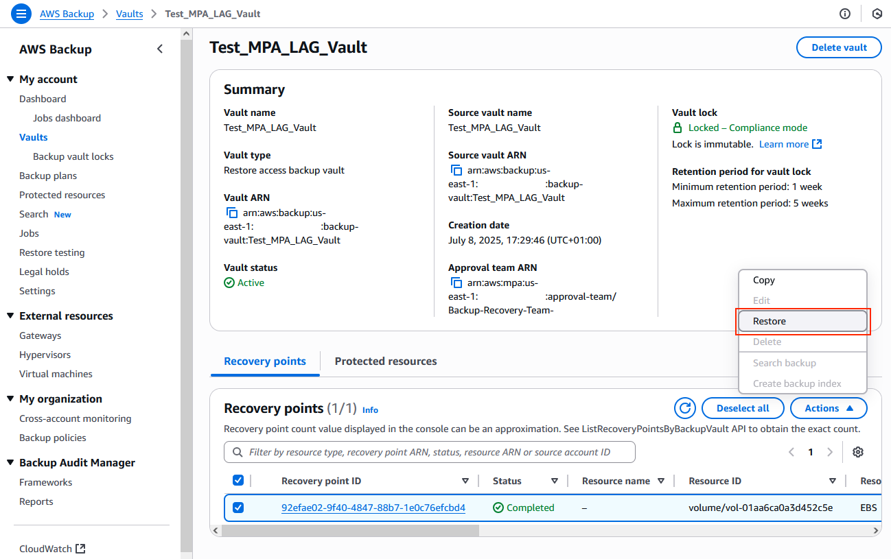 Figure 19- Recovery points to restore or copy from the logically air-gapped vault
