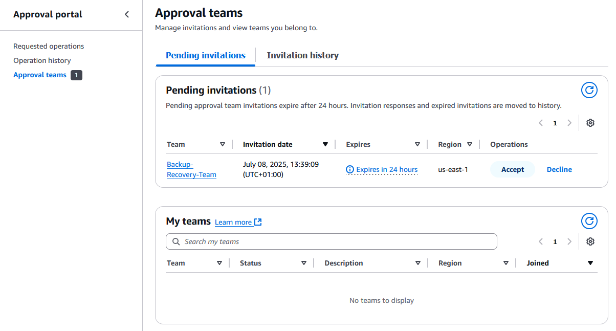 Pending approval team invite for the user to ‘accept’ or ‘decline’