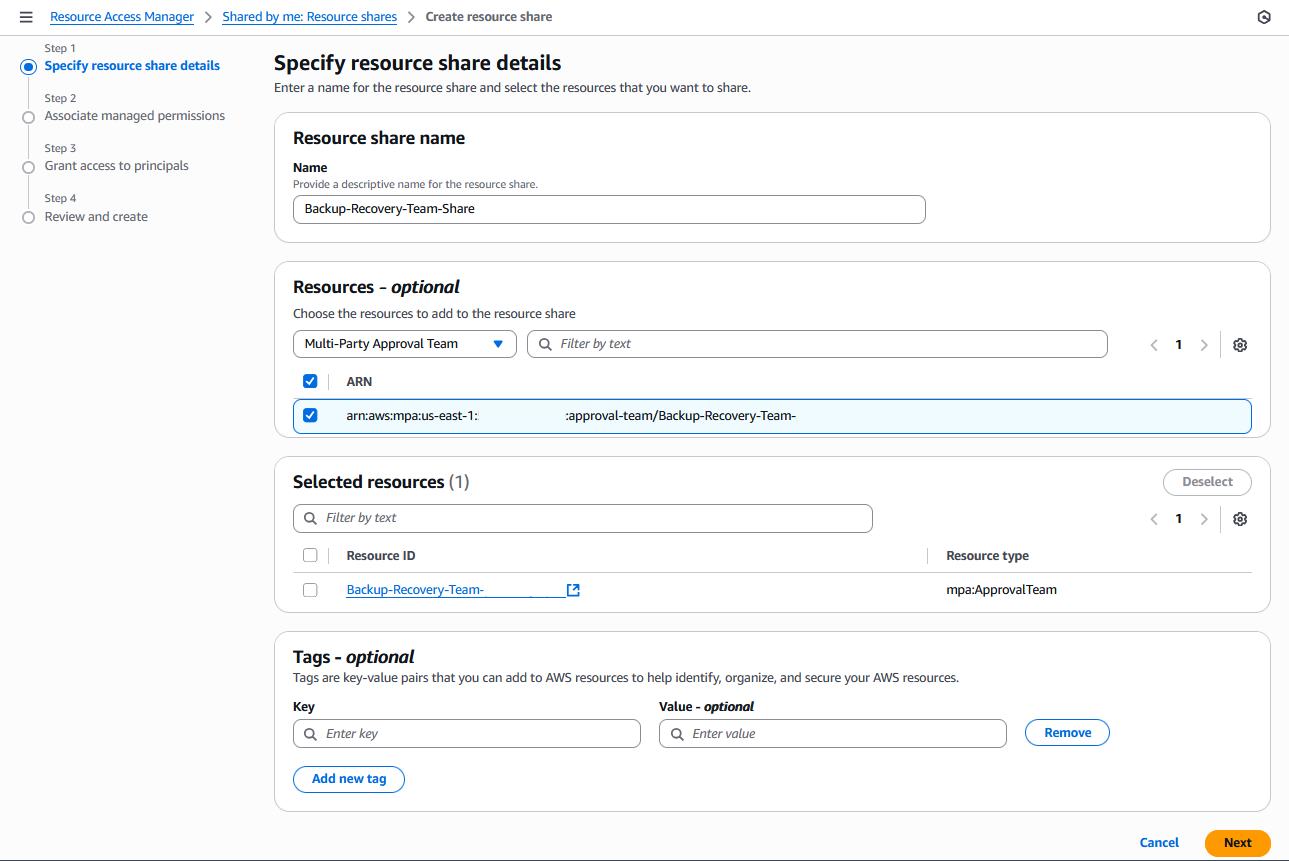Figure 6- AWS RAM form for sharing approval teams
