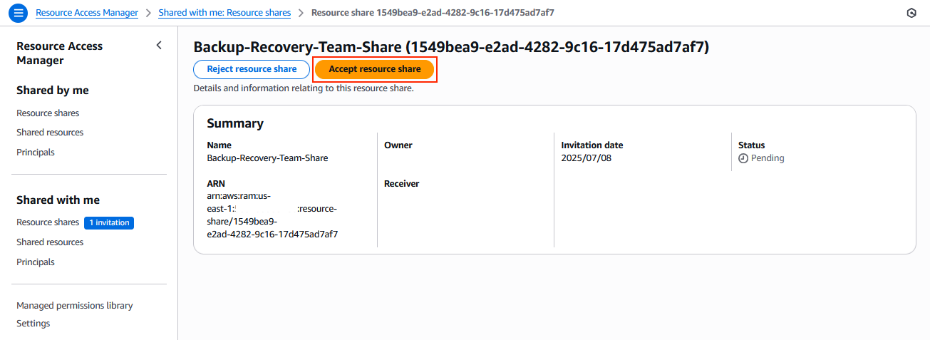 Figure 7- Invite for the user to accept or reject the resource share from primary account