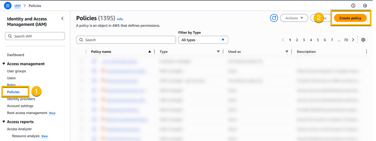 IAM console with boxes around Policies and Create policy