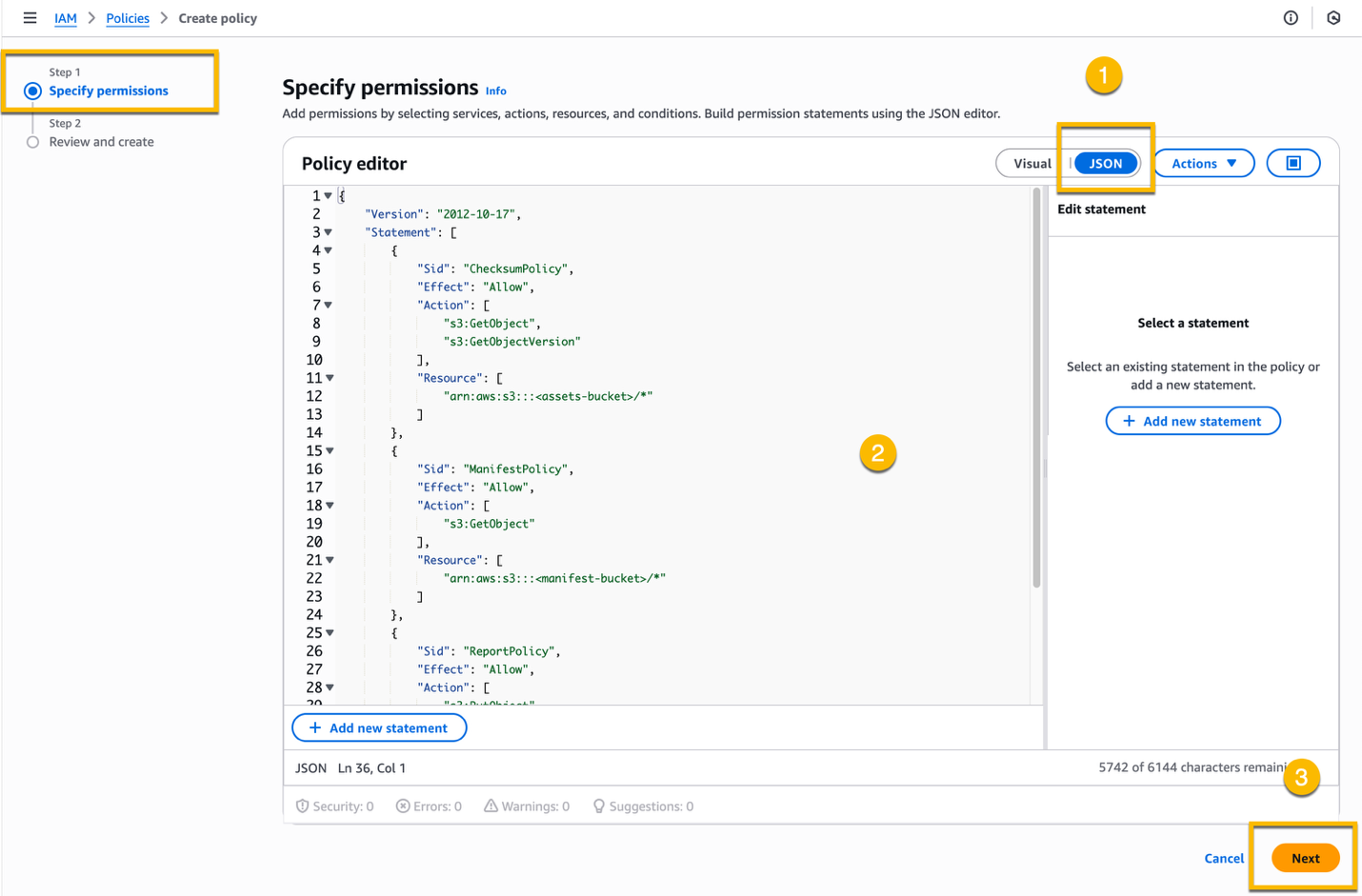 IAM console where you specify permissions when creating a new IAM policy