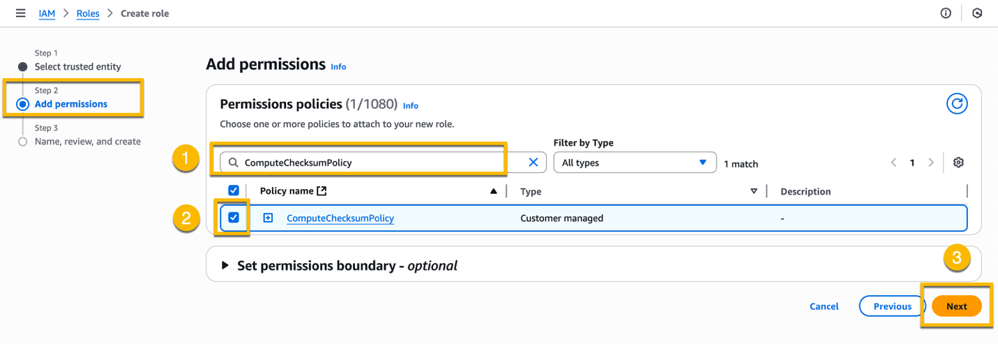 IAM console where you specify permissions when creating a new IAM role