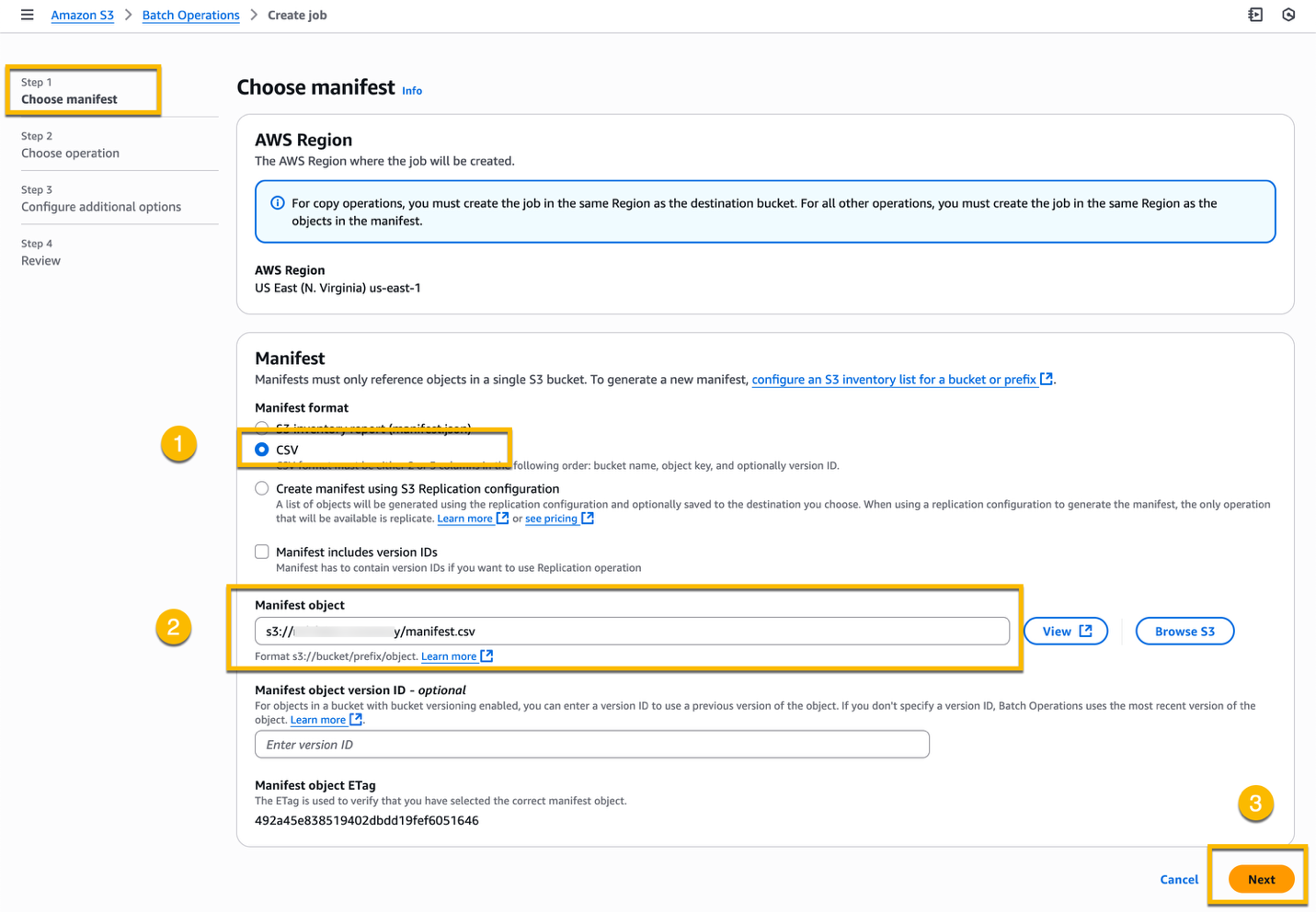 S3 console where you choose the manifest for a new S3 Batch Operations job