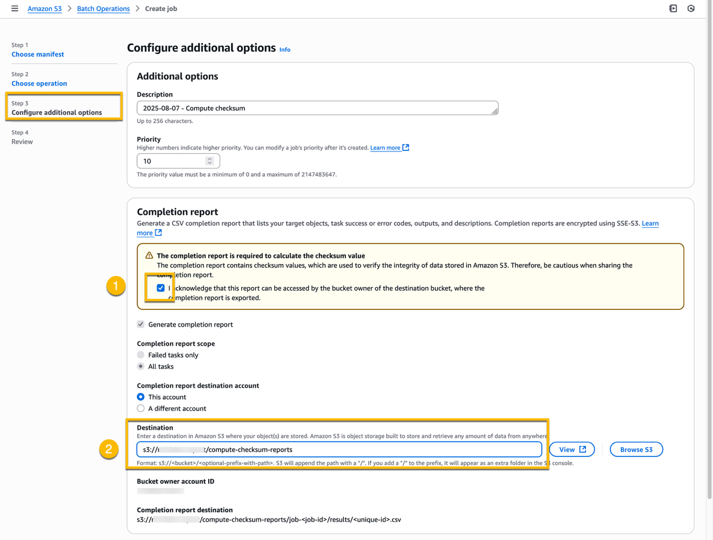 S3 console where you configure the completion report for a new S3 Batch Operations job