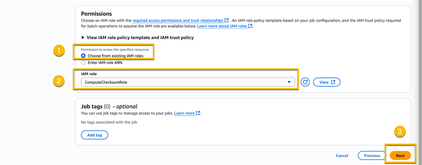 S3 console where you choose the IAM role for a new S3 Batch Operations job