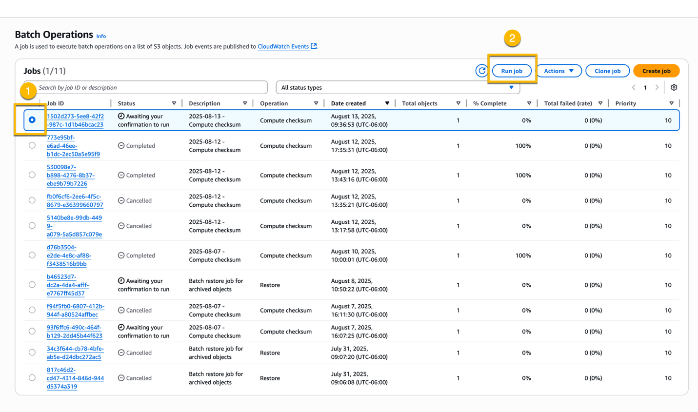 S3 console with boxes around the Job ID checkbox and the Run job button