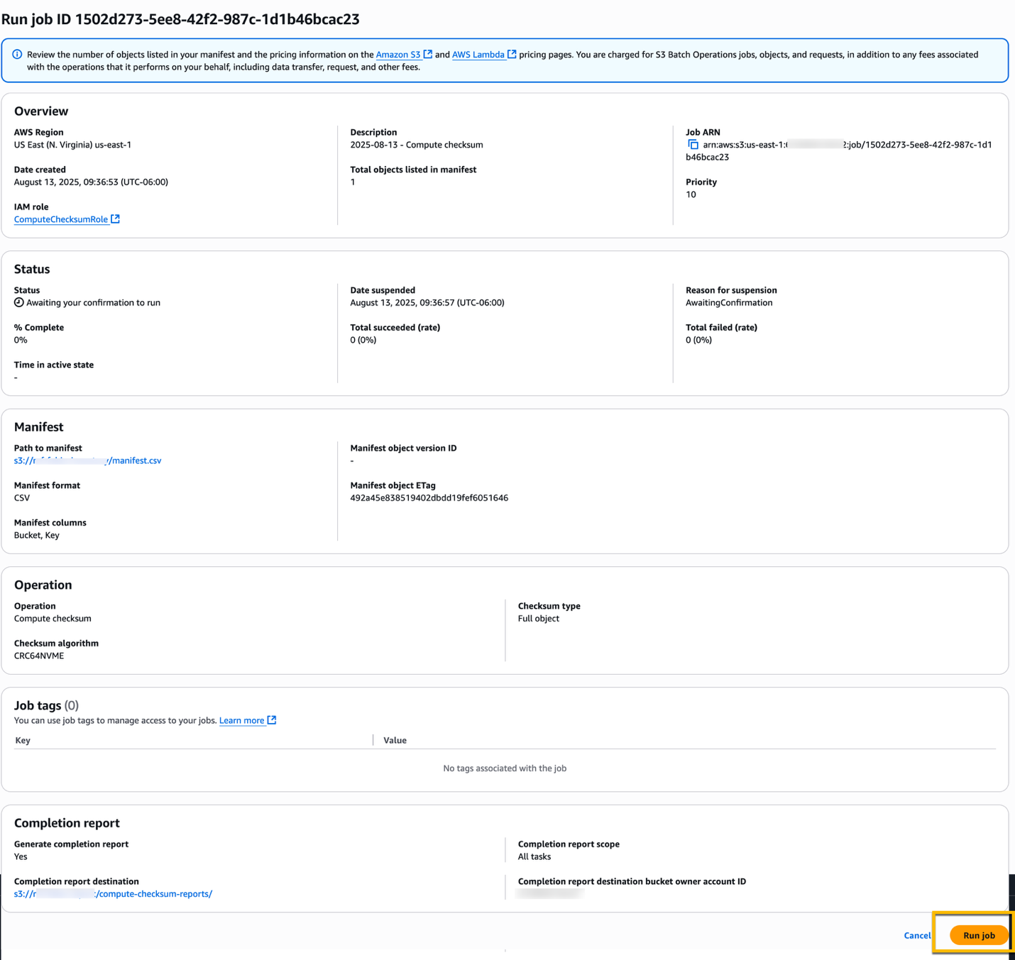 S3 console where you review the S3 Batch Operation job and then run the job