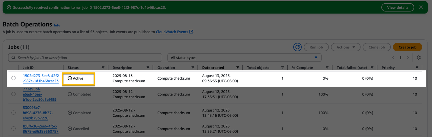 S3 console with a box highlighting the Active status of the S3 Batch Operation job