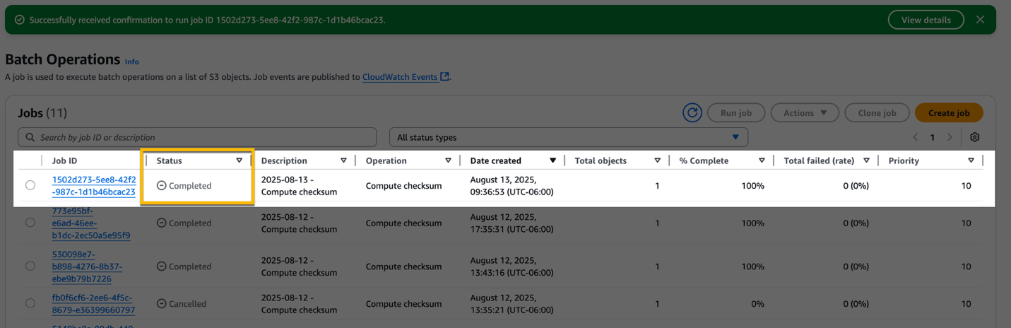 S3 console with a box highlighting the Completed status of the S3 Batch Operation job