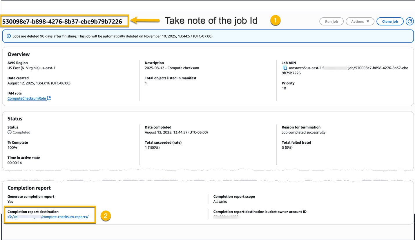 S3 console with boxes around the Job ID and the Completion report destination