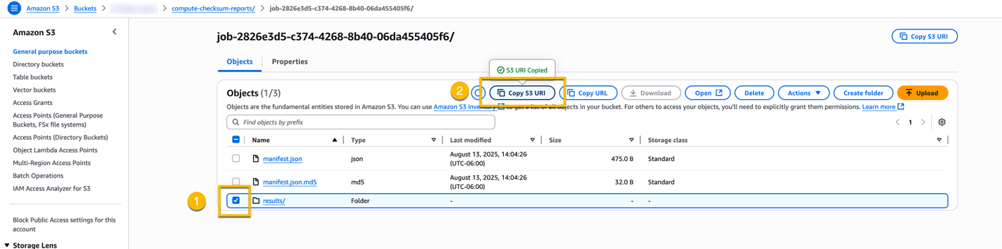 S3 console where you can copy the URI of the folder containing the completion reports