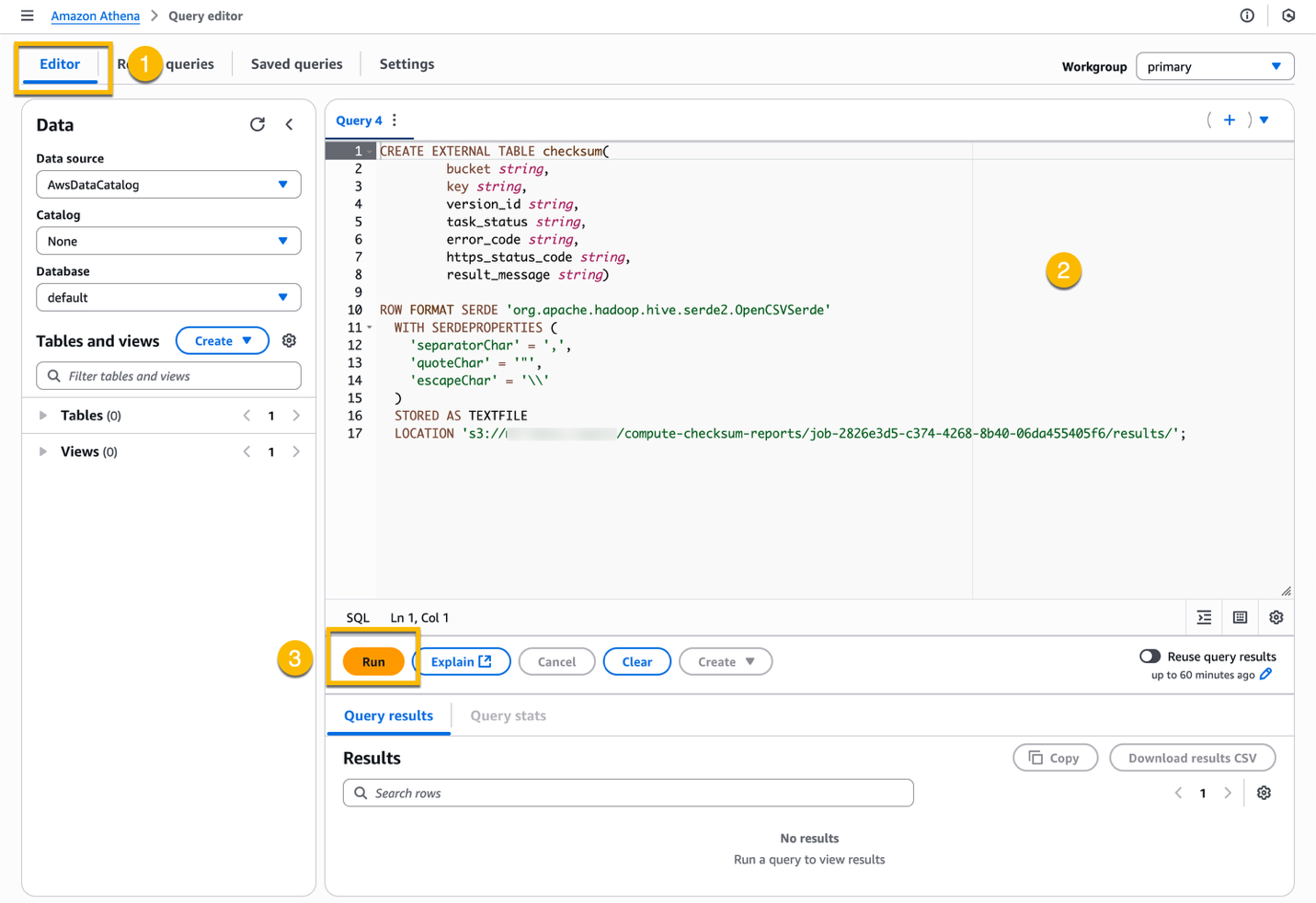 Athena Query editor console where you can run the SQL query to analyze the completion reports