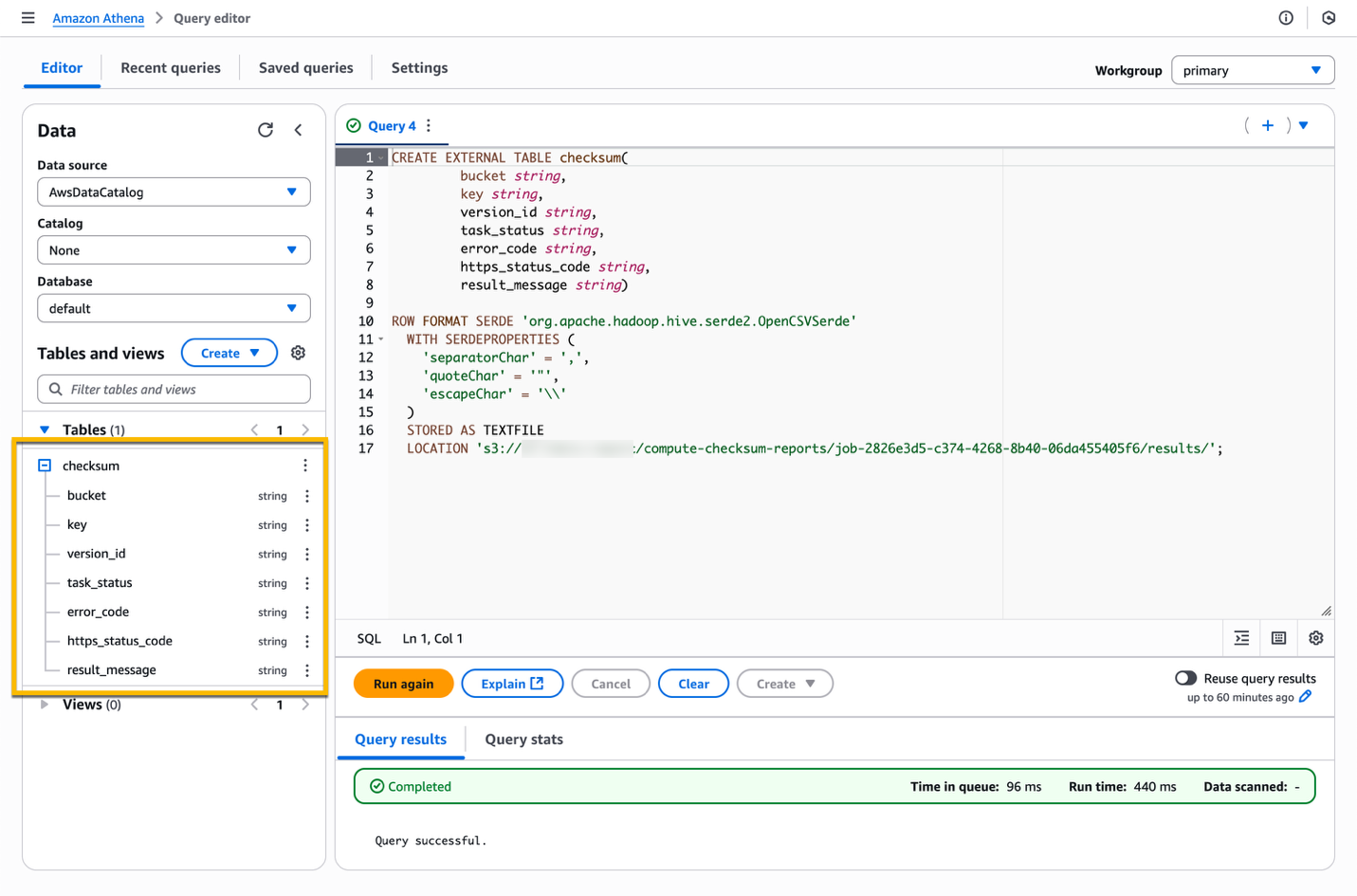 Athena Query editor console showing the schema of the checksum table