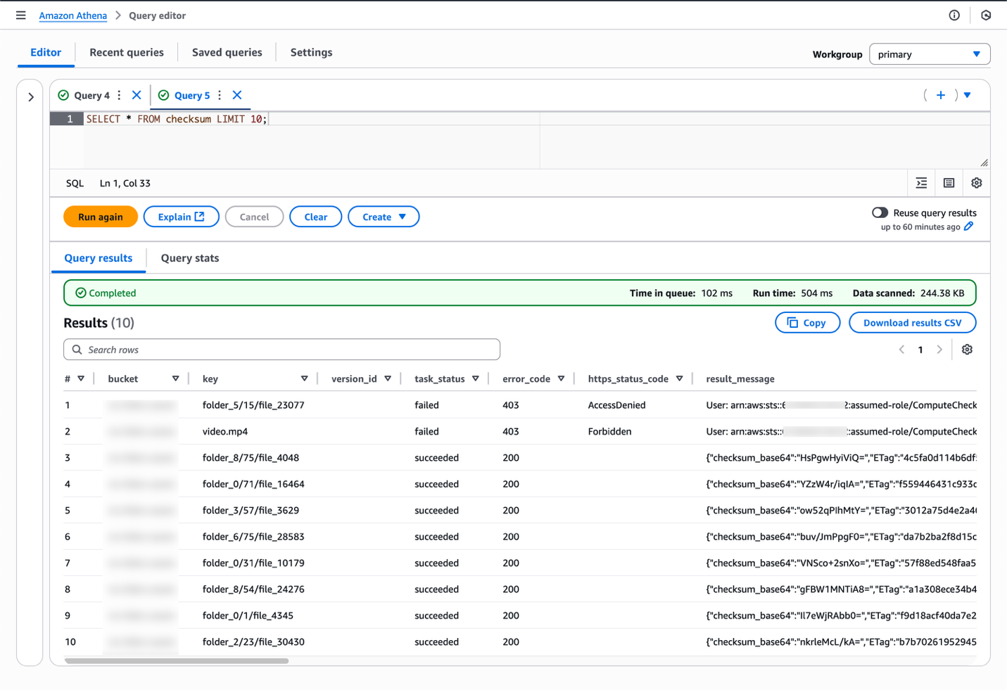 Athena Query editor console showing a sample SQL query