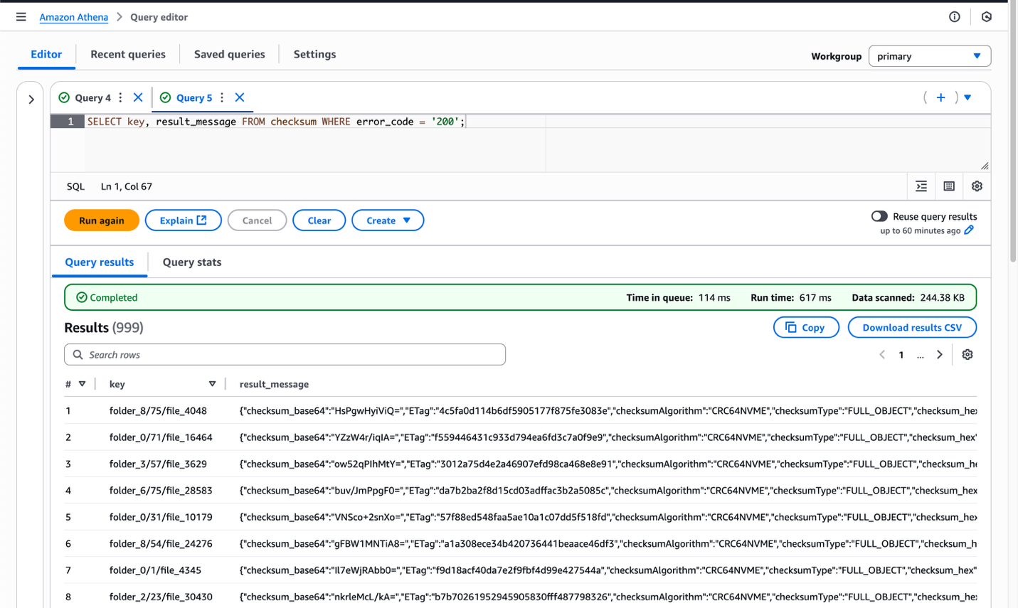 Athena Query editor console showing a SQL query to select only successful Compute checksum tasks