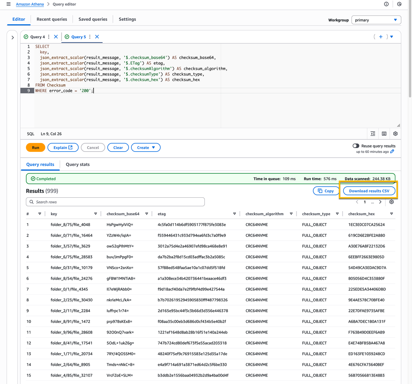 Athena Query editor console showing a SQL query to expand the checksum key-value pairs into new columns in the table