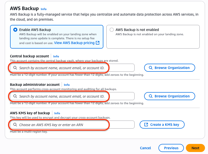 AWS Backup service configuration page with backup enablement, central account settings, and KMS key selection options