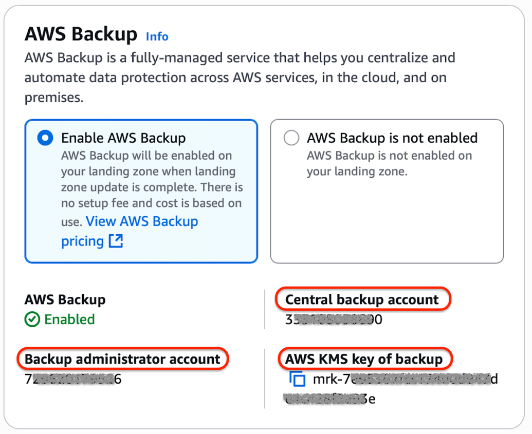 AWS Backup service overview displaying enabled status, central backup account, administrator account, and KMS key details