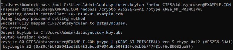 A screenshot of cmdline output from ktpass when setting the SPN and creating the keytab file, showing the key version number (vno) 5