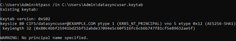 a screenshot showing the output of running ktpass with an existing keytab file