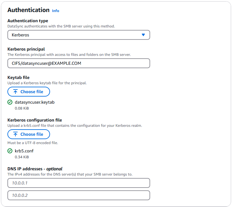 A screenshot of the DataSync console showing a sample configuration for Kerberos authentication