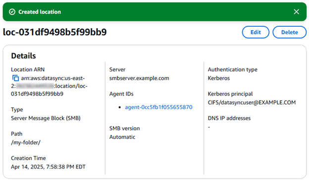 A screenshot of the DataSync console showing a confirmation of a created DataSync SMB location with its configuration