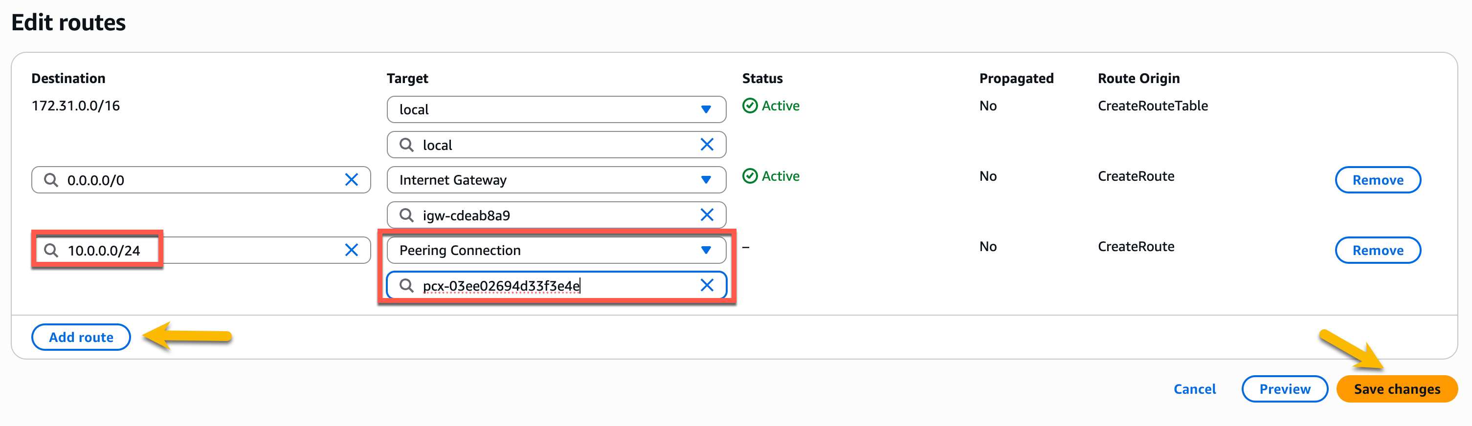 Figure 10: Adding peering connection entry in route table