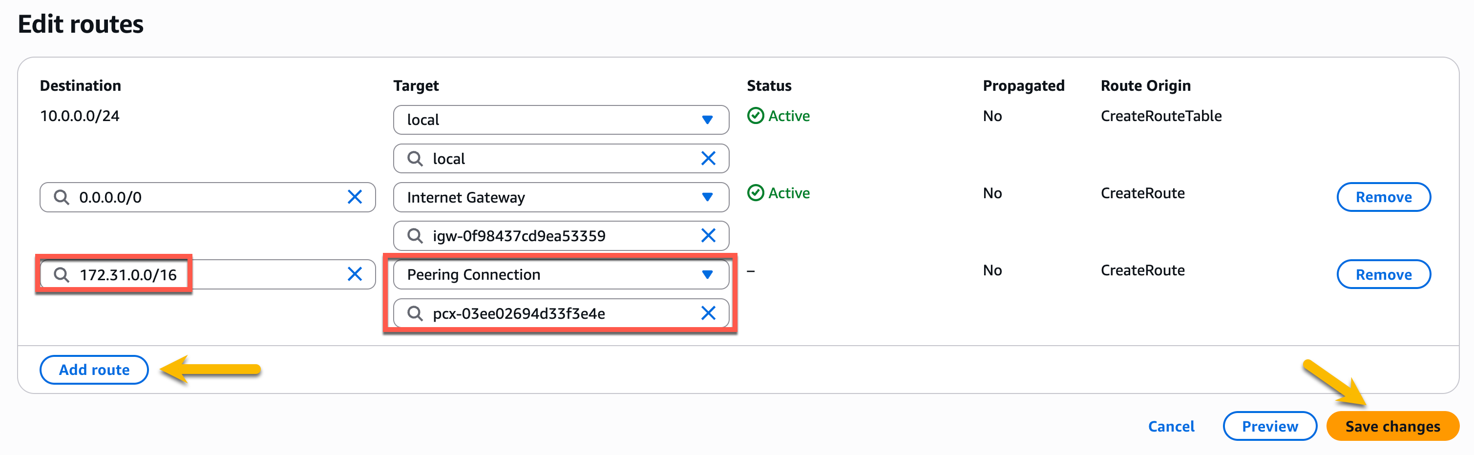 Figure 11: Adding peering connectino entry in route table of the other account