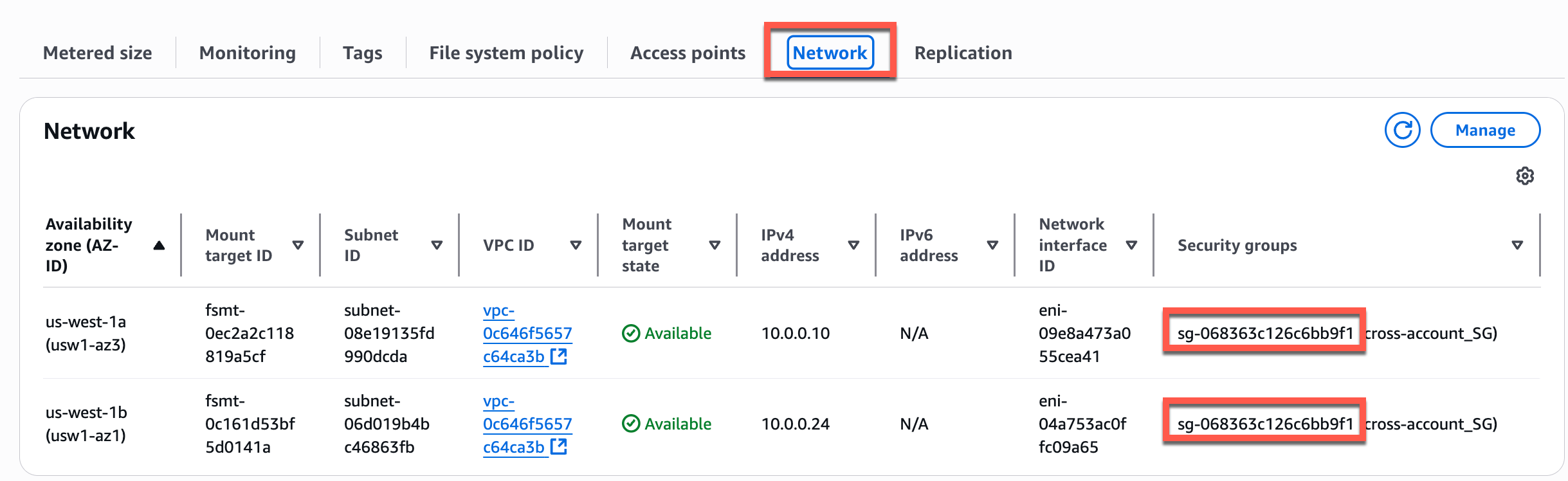Figure 12: Security group IDs corresponding to mount targets of EFS file system