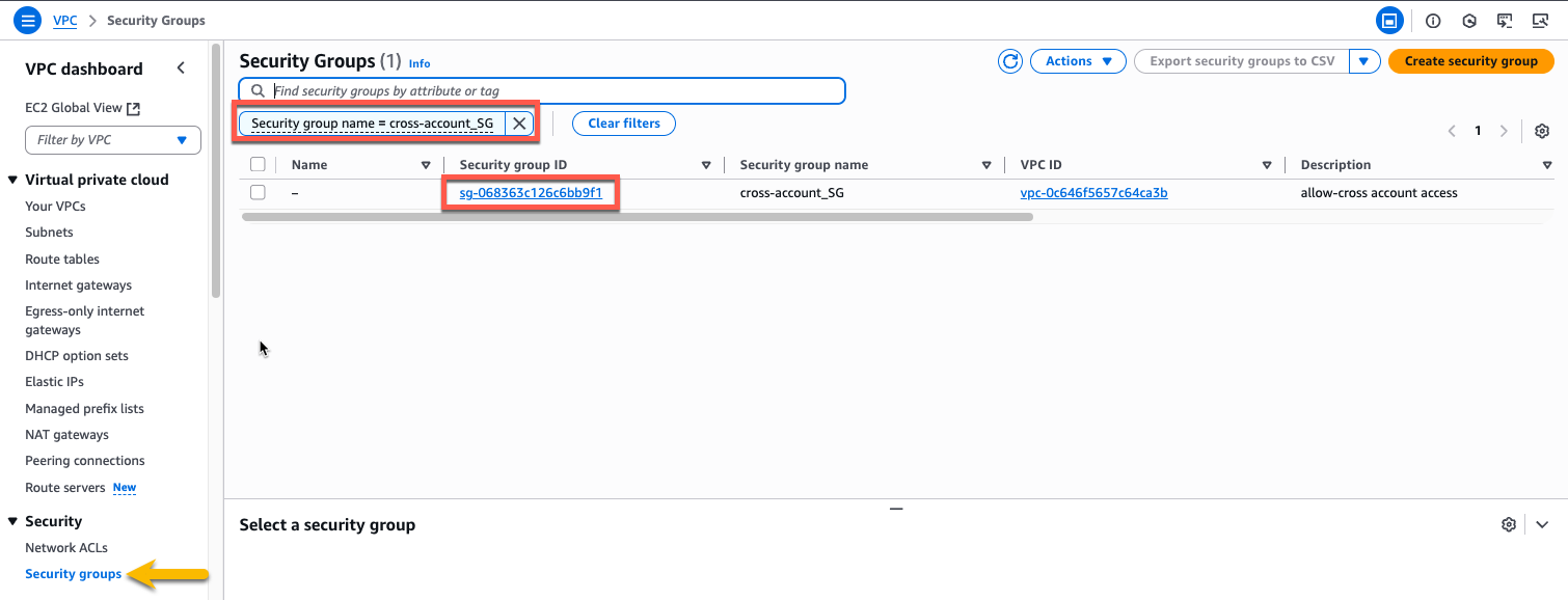 Figure 13: VPC console page for security groups