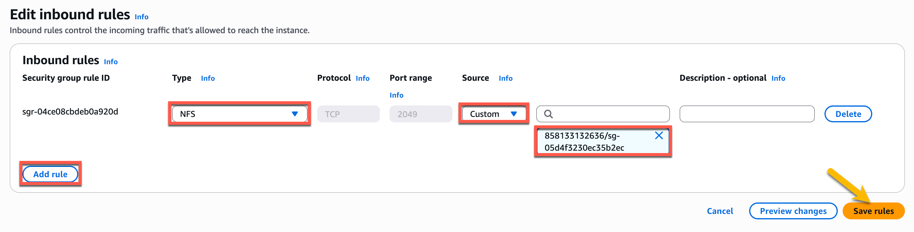 Figure 15: Adding an NFS inbound rule to cross account connection